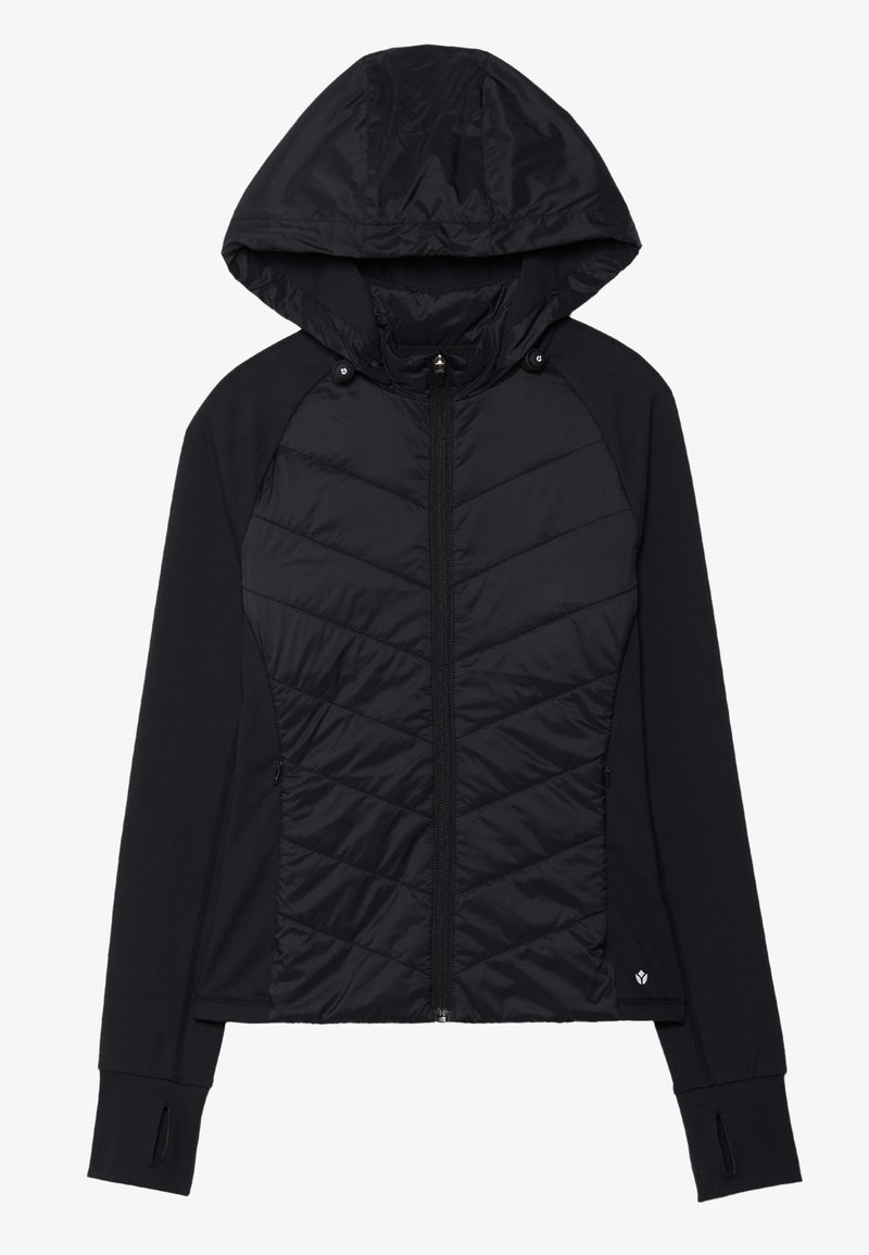 Black hooded jacket with quilted upper section and solid lower section. Features zipper closure, side pockets, and thumbholes in cuffs.