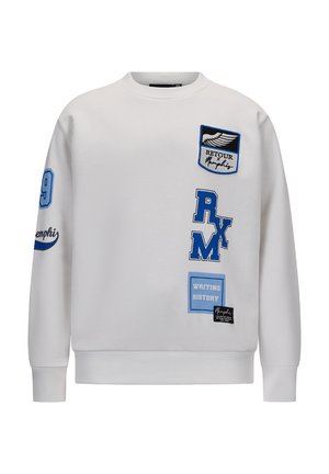 Felpa bianca con toppe grafiche blu, tra cui "RETOUR", "RXM" e "WRITING HISTORY". Presenta un colletto rotondo e polsini a costine.