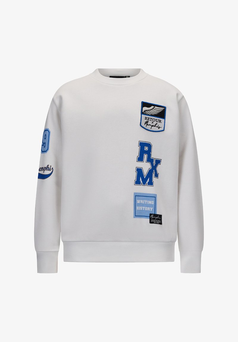 Felpa bianca con toppe grafiche blu, tra cui "RETOUR", "RXM" e "WRITING HISTORY". Presenta un colletto rotondo e polsini a costine.