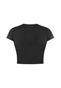 Schwarzes, kurzes T-Shirt mit kurzen Ärmeln, rundem Ausschnitt und glatter Textur, das ein einfaches und minimalistisches Design präsentiert.