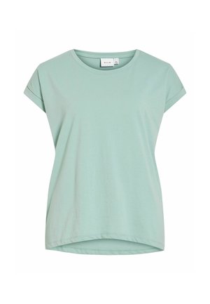 Tričko světle zelené barvy z měkké látky, s kulatým výstřihem, krátkými rukávy a mírně zaobleným lemem, které nabízí pohodlný střih.