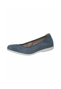 Blue leather flat shoe with perforated upper, rounded toe, and white rubber sole. Casual design suitable for everyday wear.