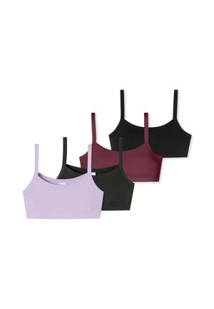 Fem sømløse bralette toppe i sort, burgundy og lavendel farver arrangeret overlappende på en hvid baggrund.