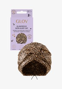 Schlafmütze aus Satin mit Leopardenmuster und weicher Textur, ausgestattet mit einem elastischen Band und Kordelzug für sicheren Sitz. Verpackt in einer lavendelfarbenen Schachtel.