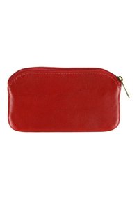 Rode leren pouch met een gladde textuur, ritssluiting aan de bovenkant en ronde hoeken. Compact ontwerp geschikt voor kleine items.