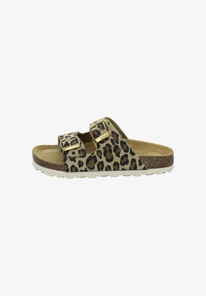 Slide sandal with two adjustable leopard-print straps and gold buckles, cork footbed, and white textured sole.
