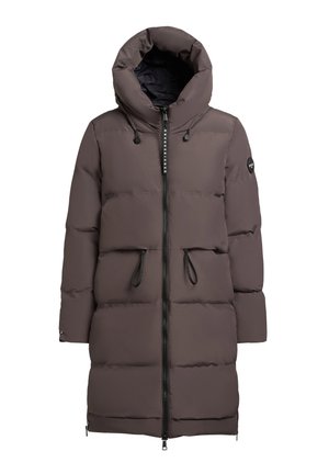 Dugi kaput s podstavom u tamnosmeđoj boji s kapuljačom, s prednjim zatvaračem, podešavanjem na vezicu i bočnim džepovima. Glatka, sjajna završna obrada.