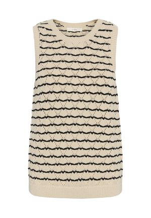 Smėlio spalvos megztas rankovių liemenėlis su juodomis horizontaliomis juostomis ir tekstūriniu deimanto raštu visame paviršiuje.