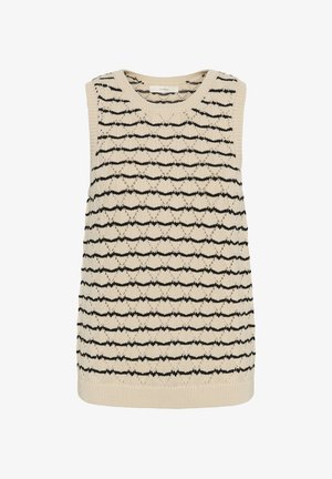 Beżowa dzianinowa kamizelka bez rękawów z czarnymi poziomymi paskami i teksturowanym wzorem diamentowym na całej powierzchni.