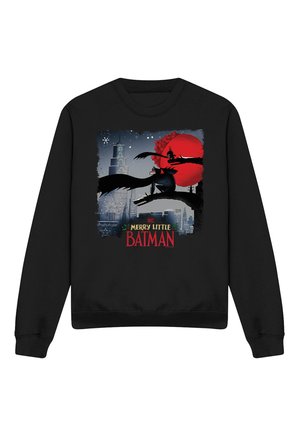 Black sweatshirt with a graphic of two Batman characters perched on a tree branch against a city skyline and large red moon, text "Merry Little Batman."