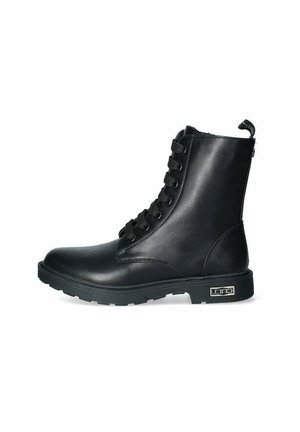 Stivali alla caviglia neri con lacci realizzati in pelle liscia. Presentano una robusta suola in gomma e una cerniera laterale per un facile accesso.