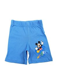 Shorts en coton bleus avec une taille élastique, ornés d'un motif imprimé de Mickey Mouse et d'un texte multicolore "Mickey" sur le côté.
