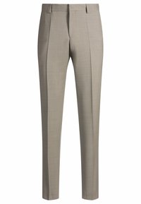 Pantaloni grigi chiari su misura caratterizzati da una texture liscia, due pieghe frontali e un design aderente. Adatti per occasioni formali.