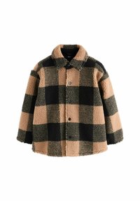 Chaqueta de forro polar con un patrón de cuadros en tonos marrones y negros, con un cierre de botones en el frente, cuello y una forma amplia y oversized.