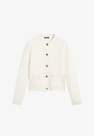 Cardigan color crema realizzato in tessuto testurizzato. Presenta un colletto rotondo, chiusura frontale con cinque bottoni e due tasche a toppa.
