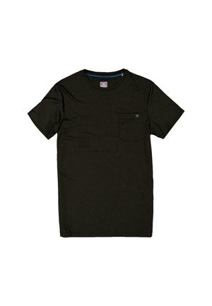 Dark green short-sleeve t-shirt made of soft fabric, featuring a small front pocket and a round neckline with a contrasting inner collar.