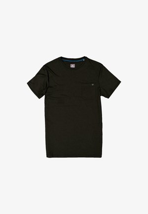 Dunkelgrünes Kurzarm-T-Shirt aus weichem Stoff, mit kleiner Brusttasche und rundem Ausschnitt mit kontrastierendem Innenkragen.