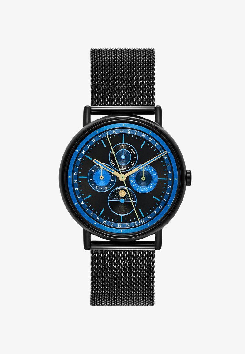 Schwarze Armbanduhr mit blauen Akzenten, Mesh-Armband, drei Hilfszifferblätter für Tag, Datum, Monat und Mondphasenanzeige auf dem Zifferblatt.