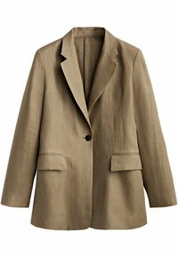 Beige pellava bleiseri, jossa on solmittu kaulus, yksittäinen nappisuljenta ja kaksi etutaskua. Ominaisuuksiin kuuluu rento, suuri muotoilu ja minimaalinen ompelu.