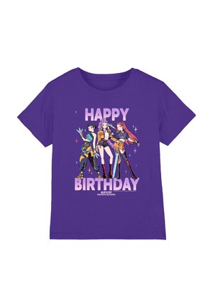 Purple t-shirt featuring three animated characters with "HAPPY BIRTHDAY" text in pink. The design includes sparkles and colorful accents.