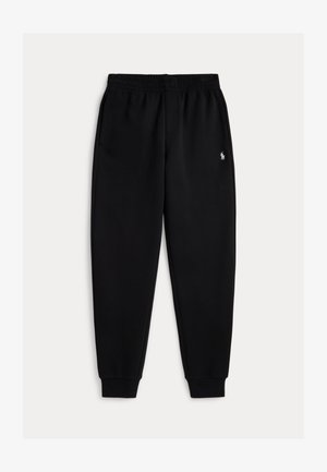 Čierne joggery s elastickým pásom, bočnými vreckami, rebrovanými manžetami a malým bielym vyšívaným logom na hornej ľavej stehne.