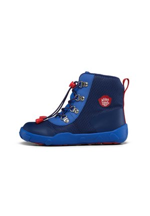 Blue high-top children's boot with elastic toggle laces, red pull tab, and Affenzahn logo on the side, shown from the left profile.
