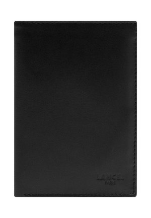 Portefeuille en cuir noir avec bords cousus et logo embossé "LANCEL PARIS" dans le coin inférieur droit.