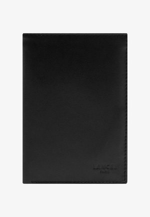 Portefeuille en cuir noir avec bords cousus et logo embossé "LANCEL PARIS" dans le coin inférieur droit.