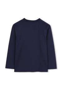 Marineblaues Langarmshirt aus Baumwolle mit Rundhalsausschnitt und geradem Saum. Mit kontrastierenden Nähten entlang der Schulternaht.