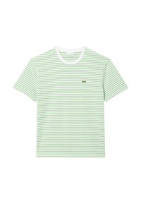 Camiseta de rayas verde y blanca con cuello redondo, mangas cortas y un logo de Lacoste en el pecho. Material de algodón suave.
