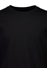 Mustat puuvillapaita, jossa on pyöreä kaula-aukko, lyhyet hihat ja sileä pinta. Ei näkyviä kuvioita tai varaosia.