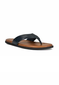 Leather flip-flop sandal with a black upper, brown cushioned footbed, and black sole. Features a smooth texture and minimalist design.