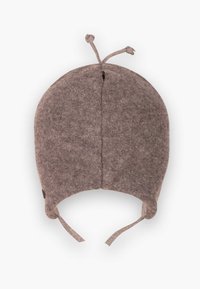 Chapeau en laine gris avec des rabats d'oreilles, sommet arrondi et liens décoratifs. Surface texturée, deux sangles latérales pour un ajustement sécurisé, design minimaliste.