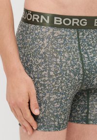 Moške bokserice z zelenim, modrim in sivim cvetličnim vzorcem. Imajo kontrastno črno elastično pasovo z blagovno znamko "BJÖRN BORG".