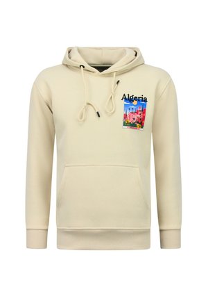 Beige hoodie met voorzak, trekkoorden en een kleurrijke Algerijnse stadslandschap-grafiek op de linkerborst.