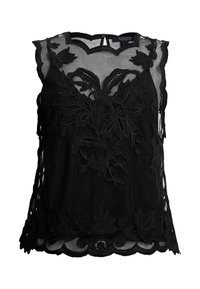 Čierny bezrukávový top z priesvitnej tkaniny s prepracovanou kvetinovou výšivkou a ozdobným vlnkovaným lemovaním. Má zadné zapínanie na kľúčovú dierku.