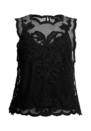 Svart ärmlös topp i genomskinligt tyg med intrikat blomsterbroderi och vågiga kanter. Har en nyckelhålsstängning baktill.
