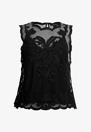 Mustast läbipaistvast kangast varrukateta top, millel on peen lilleline tikand ja sisselõigatud servad. Tagaküljel on võtmekujuline sulgur.