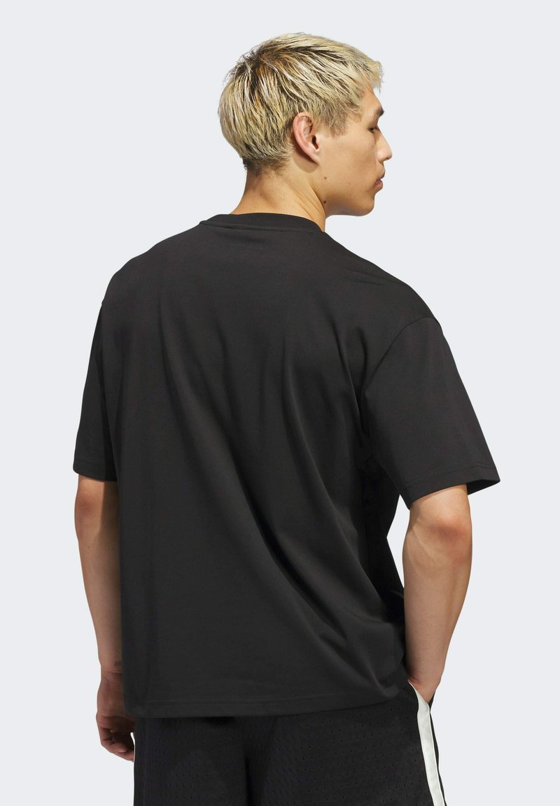 Black short-sleeve t-shirt with a relaxed fit, made of soft cotton material. The back is smooth with no embellishments or patterns.