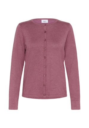 Ilgi piedurkņu kardigāns mīkstā mauve krāsā, izgatavots no mīkstas auduma. Tam ir noapaļots kakla izgriezums un seši saskaņoti pogas gar priekšpusi.
