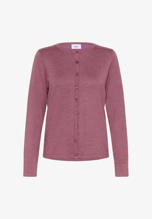 Cardigan a maniche lunghe di colore mauve tenue, realizzato in tessuto morbido. Presenta un collo rotondo e sei bottoni abbinati lungo la parte anteriore.