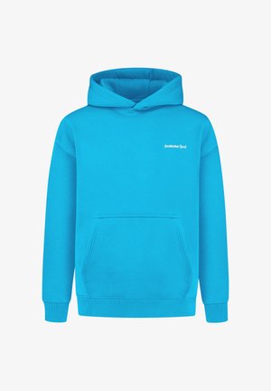 Türkise Kapuzenjacke aus weichem Material, mit einer Fronttasche und gerippten Bündchen. Weiß gesticktes Logo auf der Brust.