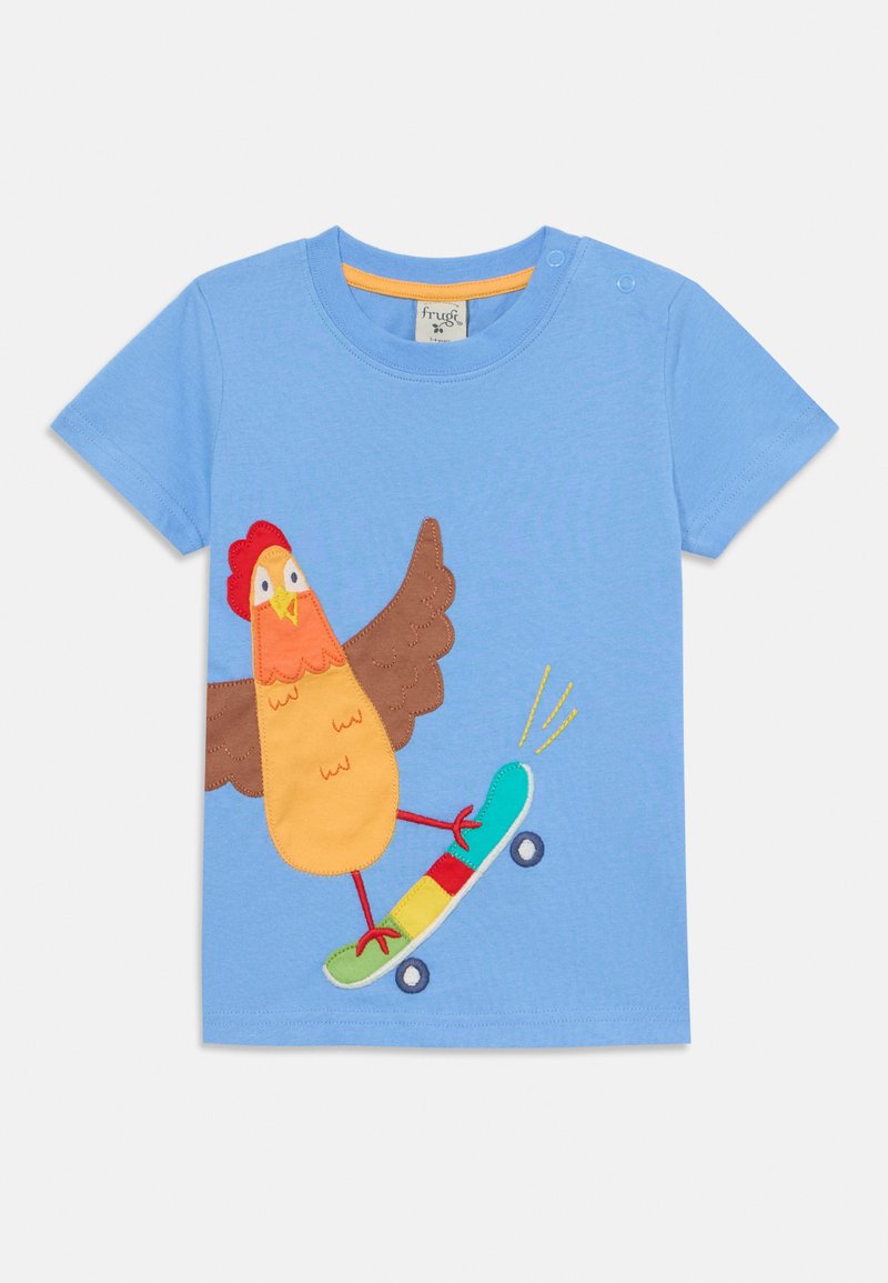 Light blue short-sleeve t-shirt with an appliquéd chicken skateboarding, featuring brown wings, a colorful skateboard, and bright accents.
