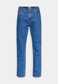 Vaqueros de mezclilla azul con corte recto, cinco bolsillos, cierre con botón de metal y detalles de costura a lo largo de las costuras.