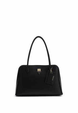 Sac à main structuré en cuir noir avec deux anses, emblème logo Guess doré et étiquette de marque attachée.