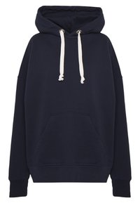 Marinblå hoodie i bomullsblandning med rymlig framficka, dragsko och ribbstickade muddar. Mjuk textur och avslappnad passform.