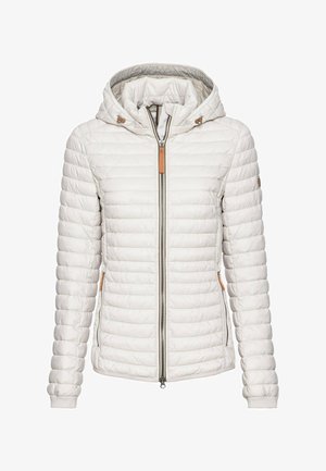 Leichte, weiße Steppjacke mit Kapuze, gestepptem Design, Frontreißverschluss und hellbraunen Lederakzenten am Kragen und den Taschen.