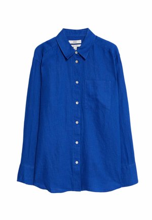 Camicia di lino blu con colletto classico, maniche lunghe, bottoni frontali e una tasca sul petto. Texture liscia e vestibilità rilassata.