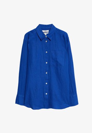 Blue linen shirt with a classic collar, long sleeves, front buttons, and a single chest pocket. Smooth texture and relaxed fit.
