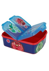 Plastic lunchbox with a red base and blue lid, featuring cartoon characters on the sides. Two hinged compartments for storage.